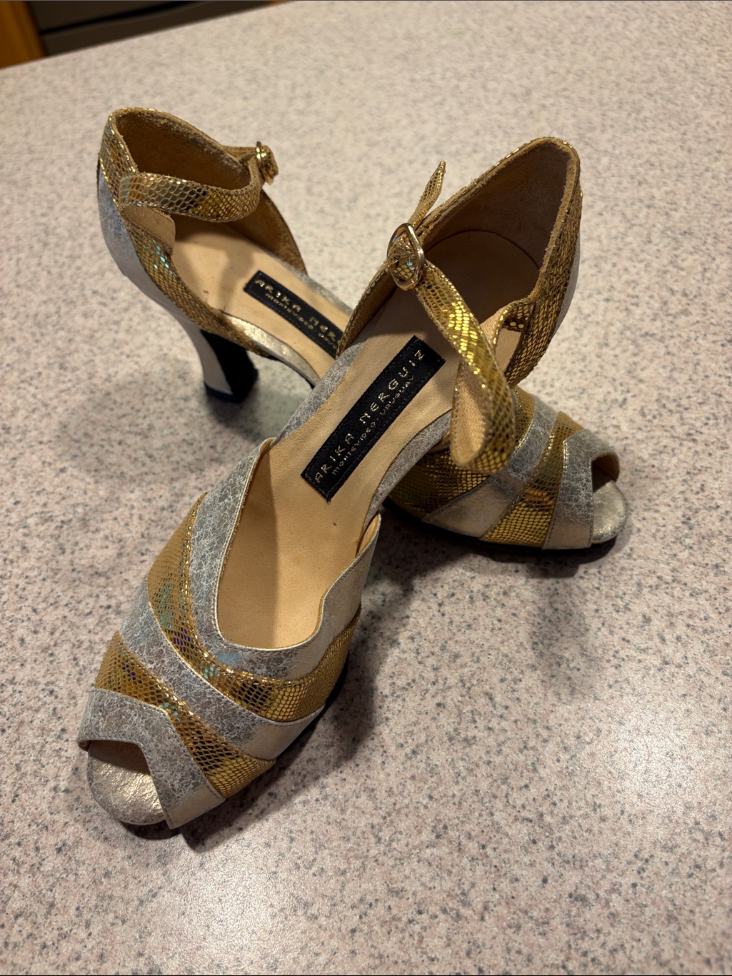 Metallic Gold & Silver Peep-Toe Heels With Ankle Strap
